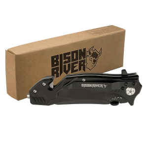 Bison River 4 1/2" Black Rescue Knife Engraved