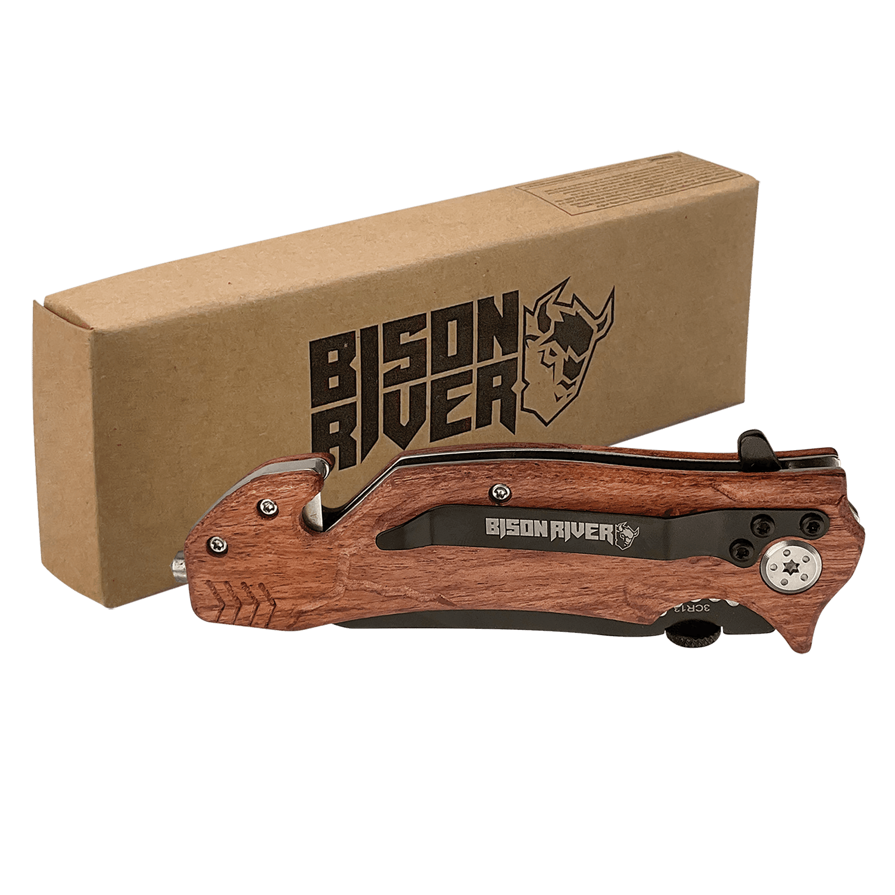 Bison River 4 1/2" Black Rescue Knife Engraved