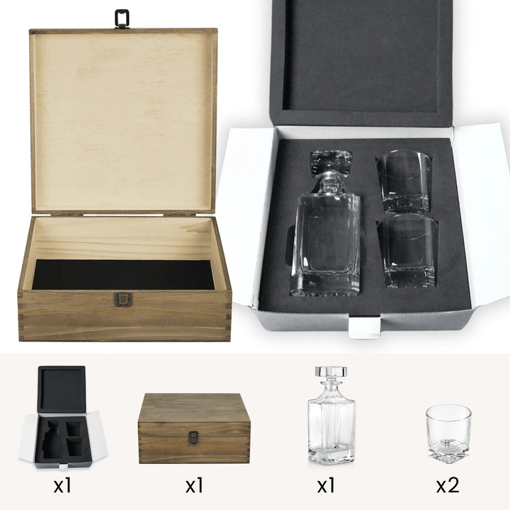 3 piece decanter set with walnut box