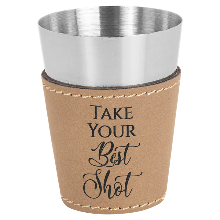 tan leatherette wrapped shot glass