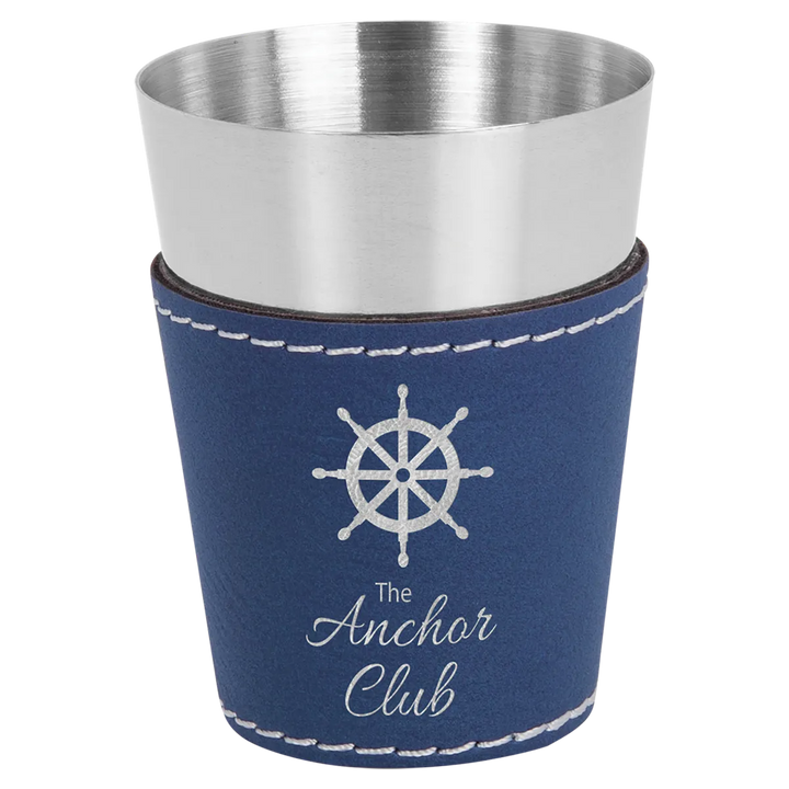 navy blue leatherette wrapped shot glass