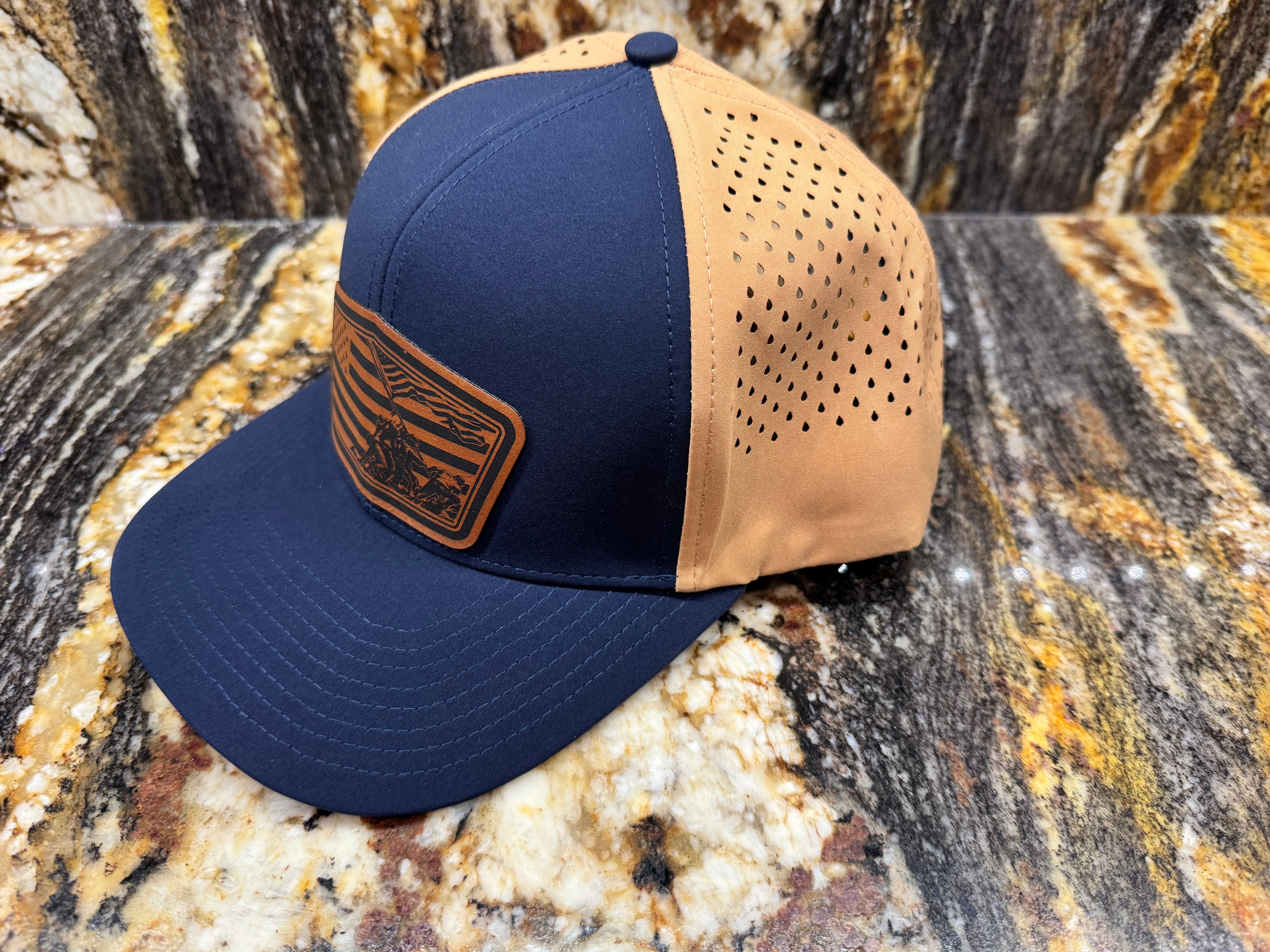 Raising the Flag on Iwo Jima on Navy/ Caramel Performance Hat