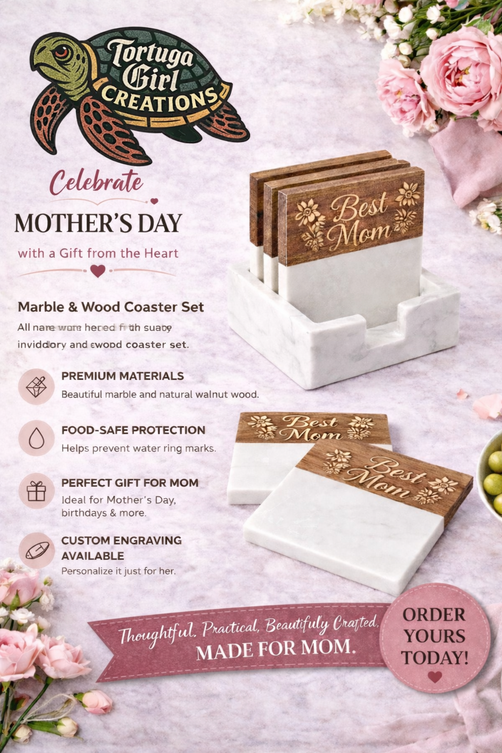 Marble and Wood Coaster Set