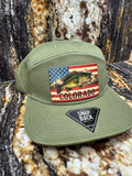Colorado Flag Bass on Olive Green 7 Panel Snap Back