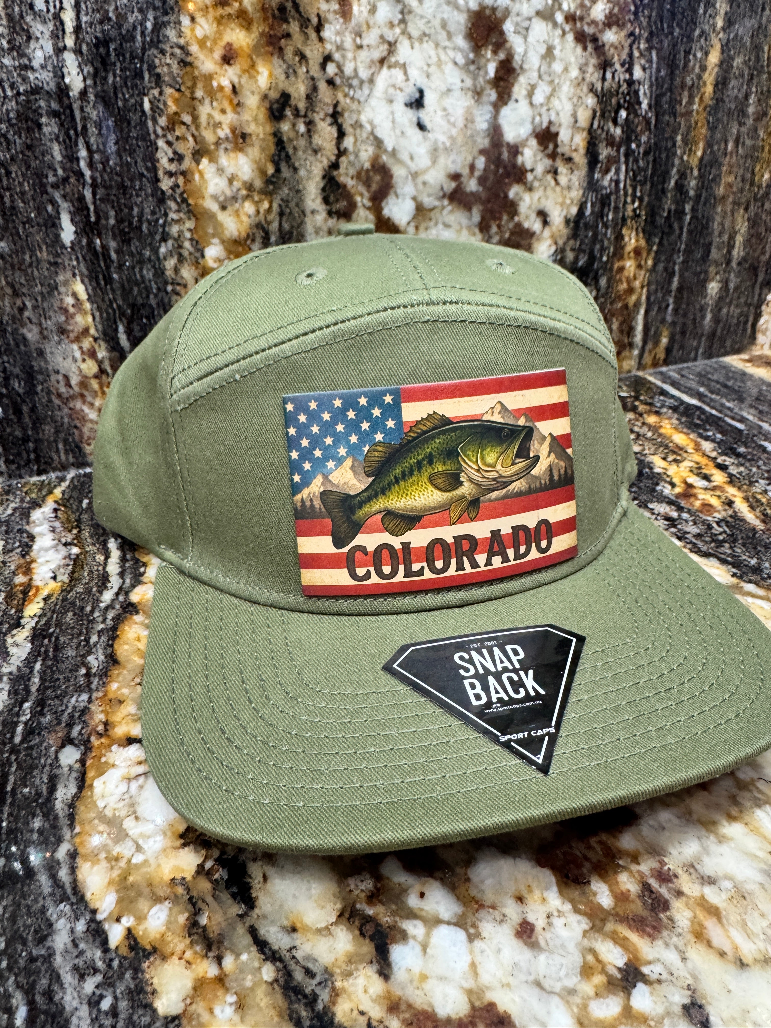 Colorado Flag Bass on Olive Green 7 Panel Snap Back