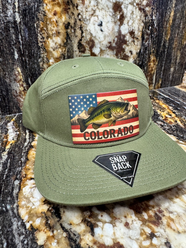Colorado Flag Bass on Olive Green 7 Panel Snap Back