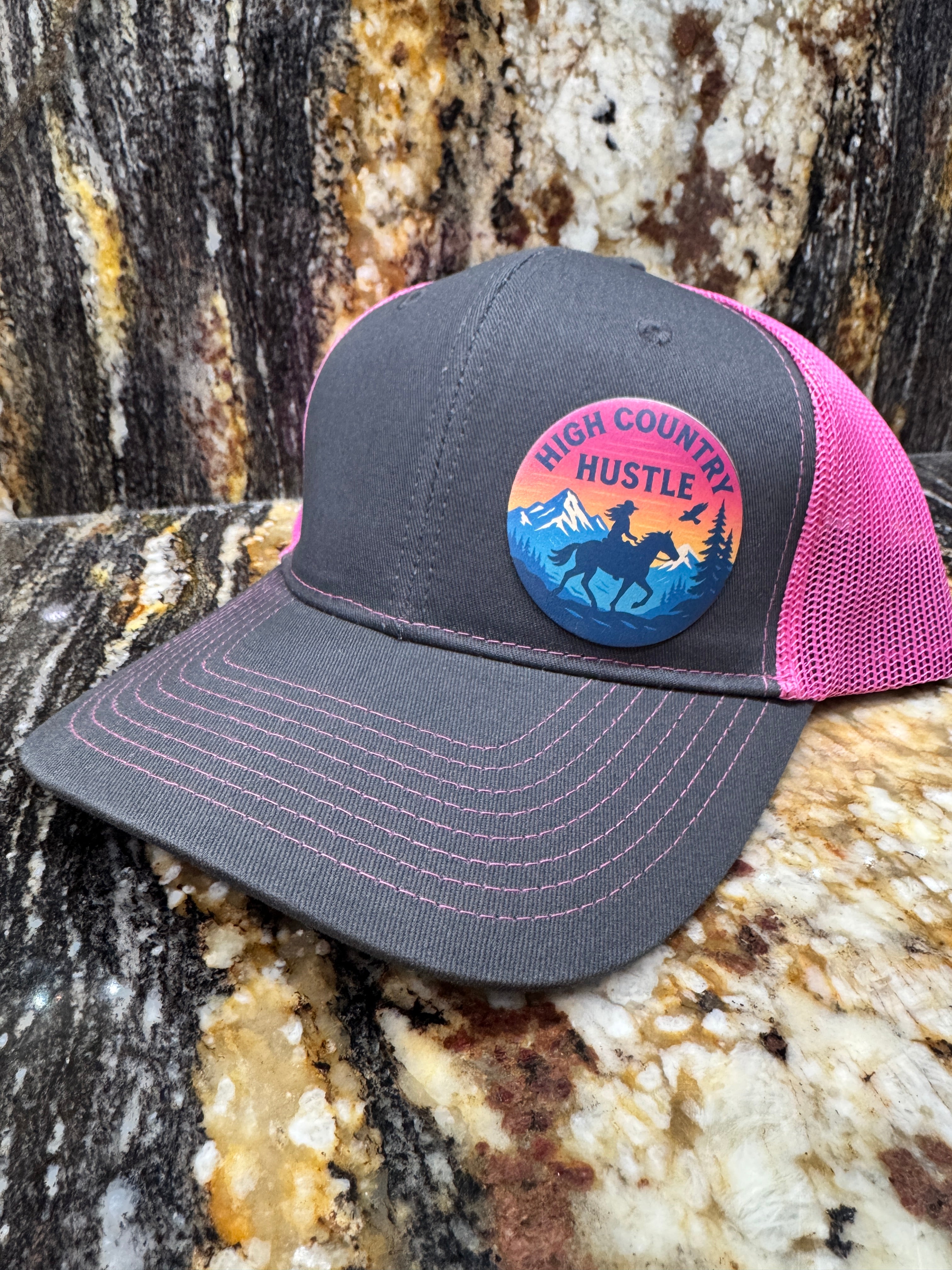 High Country Hustle on Grey Steel/ Pink Trucker Cap