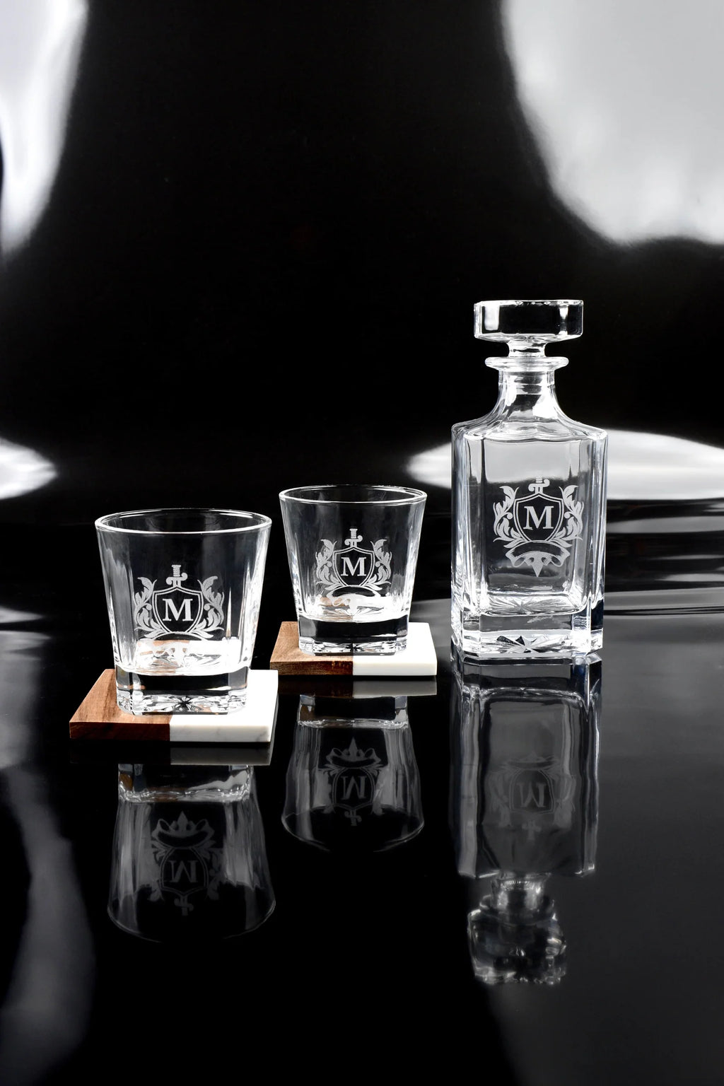 engraved 3 piece decanter set 