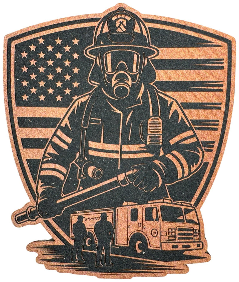 Fireman flag engine on shield