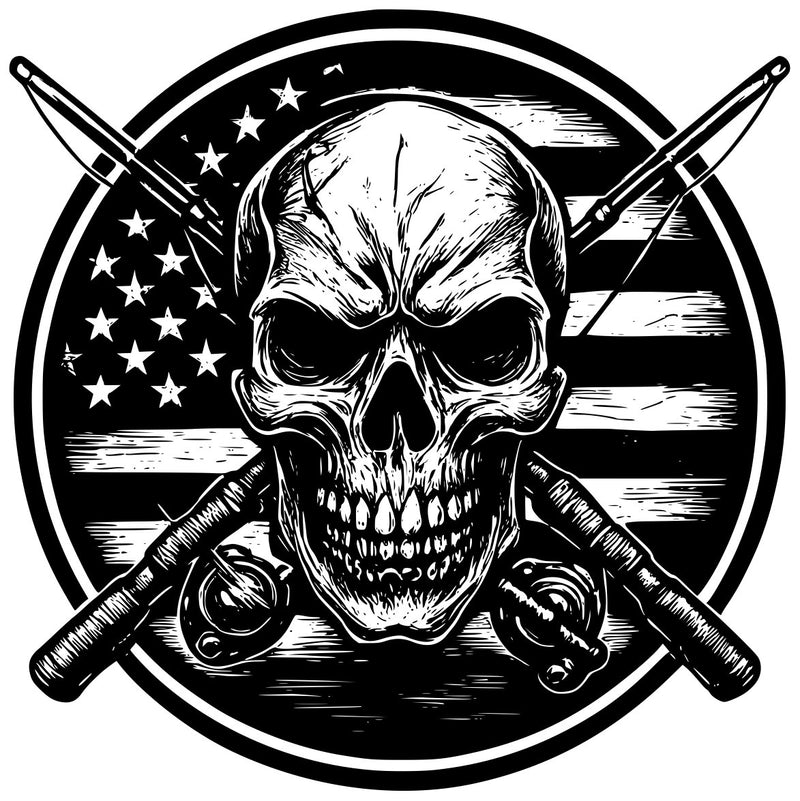 Detailed Pirate Skull with Flag and Fishing Rods